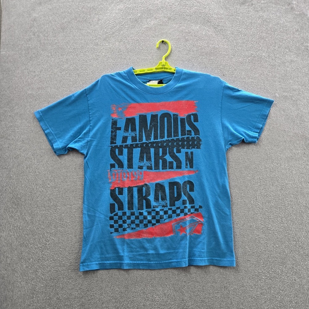 VINTAGE Famous Stars & Straps Men Shirt Blue Graphic Text Star Logo Short Sleeve